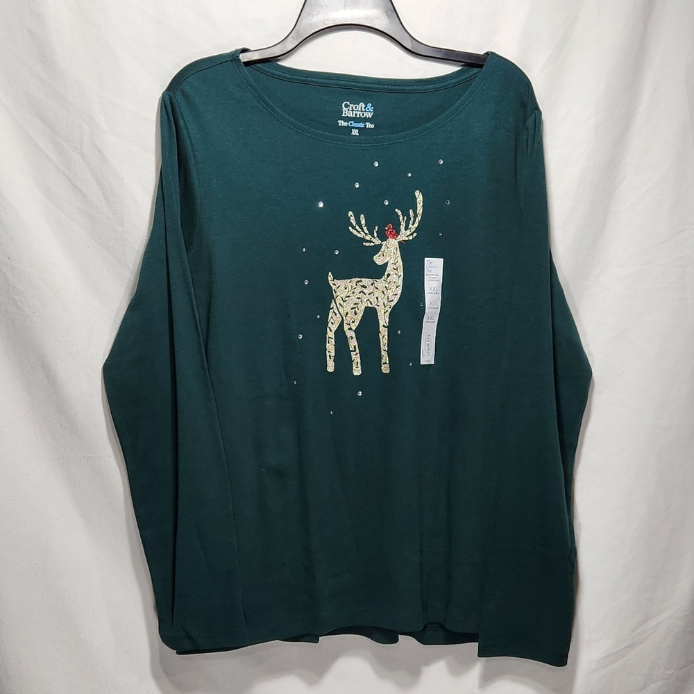 Croft & Barrow Womens Holiday 2X Long Sleeve T-shirt Reindeer Green rhinestone